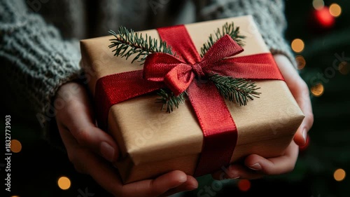A person holds a beautifully wrapped gift box with a red ribbon and a sprig of pine. The background features soft, blurred Christmas lights.