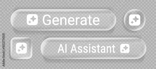 Liquid glass interface buttons for AI generate technology with rounded rectangular shapes, sparkles icon and text. Transparent frosted elements decorated by stars. Modern 3D ui app design assets.