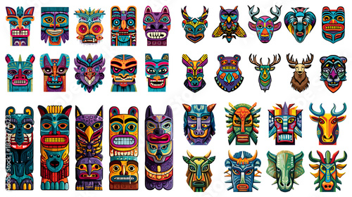 A striking set of tribal inspired masks with bold colors, expressive shapes, and cultural motifs, showcasing artistic interpretations suitable for folklore, decoration, and creative themes.