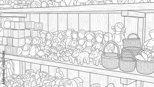 A charming black and white illustration of a toy shop shelf filled with a delightful assortment of vintage toys and handcrafted items ready for imaginative play