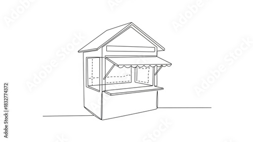 A minimalist line drawing depicts a charming small kiosk or booth with a peaked roof and an awning ready for business