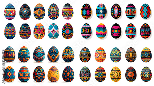 A vibrant set of decorated eggs featuring geometric motifs, colorful patterns, and artistic designs suitable for festive themes, spring celebrations, and creative artwork.