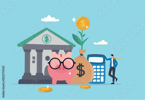 Wealth management or financial planning professional, advisor for money growth, investment portfolio or banking solution concept, businessman wealth manager with saving piggybank and money bag.