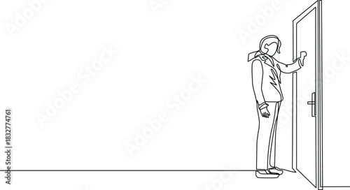Business person in suit knocking on an open door, minimalist line art style Vector