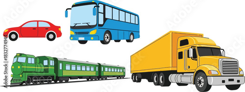 Various modes of transportation including a bus car train and truck