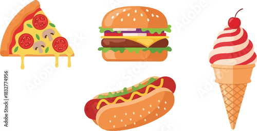 A colorful illustration featuring pizza a burger hotdog and ice cream