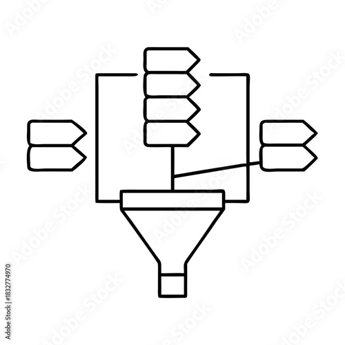 Schematic diagram of data funnel with multiple inputs and on transparent background