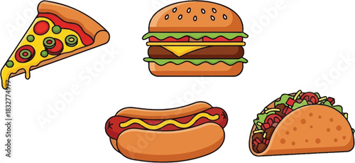 A colorful assortment of fast food items including pizza burgers hotdogs and tacos