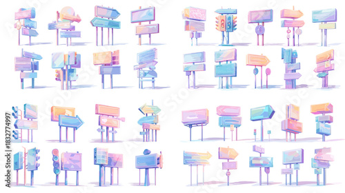 A pastel themed set of decorative sign boards and arrows with soft gradients and smooth shapes, ideal for navigation, interface design, and creative visual elements.