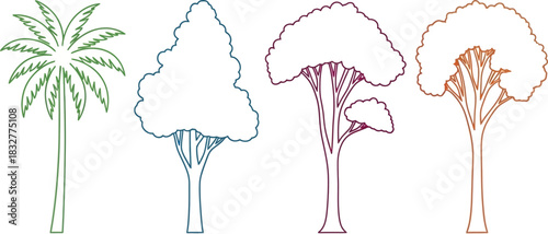 Stylized illustrations of four different trees in varying colors and shapes