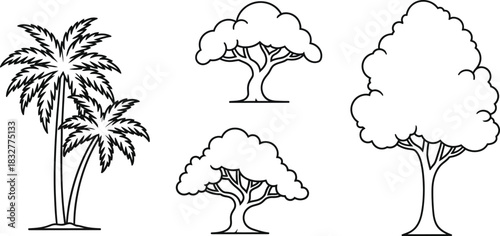 Simple black and white line drawing of diverse tropical and leafy trees