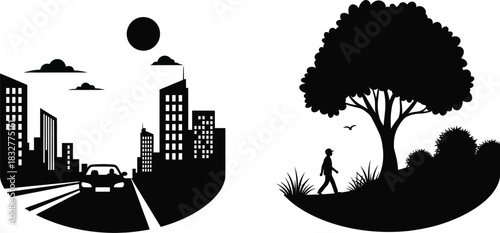 Silhouette of a city skyline and a natural landscape with a walking figure
