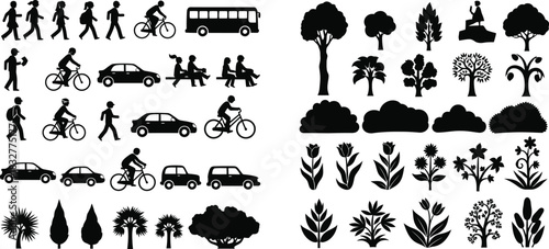 Black silhouettes depicting people vehicles trees and various outdoor elements