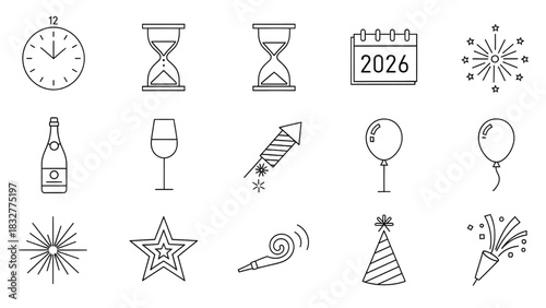 New Year's Eve Celebration Icons Countdown, Fireworks, and Party Essentials