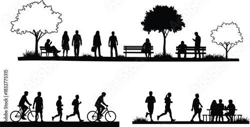 People enjoying a park scene with trees benches and outdoor activities