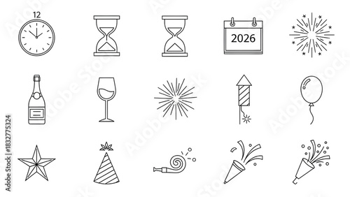 New Year's Eve celebration icons countdown timer, hourglass, calendar, champagne, fireworks, balloons, party hats, and noisemakers