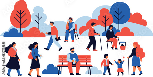 People enjoying a walk in the park with trees and benches