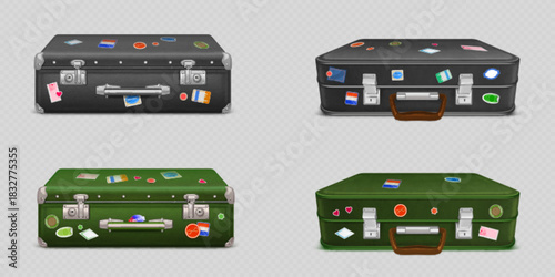 Vintage leather suitcases set with colorful travel stickers - realistic 3d luggage set in black and green with metal clasps, brown handles, retro briefcase design and decorative stamps for tourism.