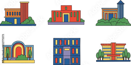 Collection of colorful building icons with unique architectural styles and designs