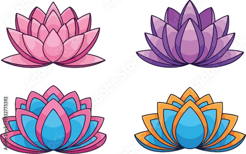 Collection of four colorful lotus flowers on a white background