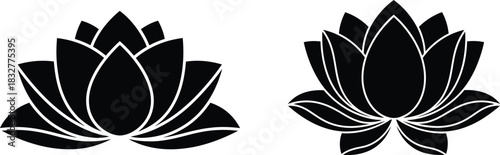 Two lotus flower silhouettes in black and white for design elements