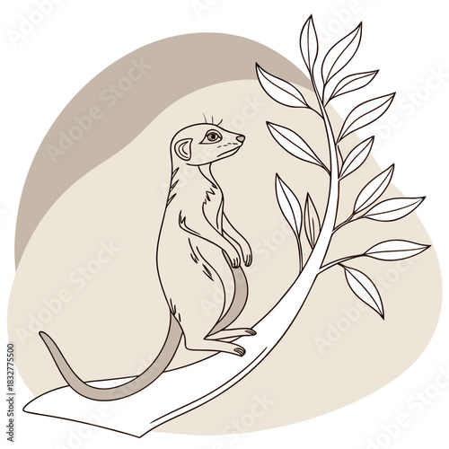 Meerkat Vigilance: A watchful meerkat surveys its surroundings, its posture alert, perched near a stylized branch in an illustration, showcasing the alertness and curiosity of the small animal.