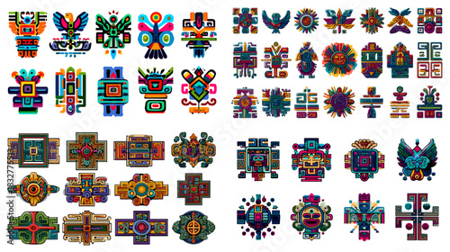 A vibrant collection of tribal inspired geometric motifs featuring bold shapes, symmetrical patterns, and decorative symbols in rich colorful designs perfect for cultural and artistic themes.