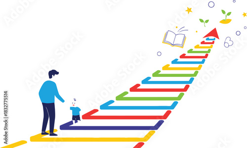 Father and child walking up colorful arrow steps to success