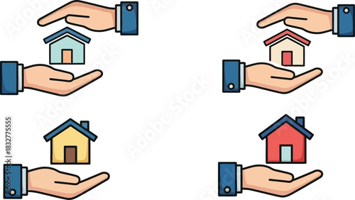 Hands holding houses real estate property and home ownership concepts