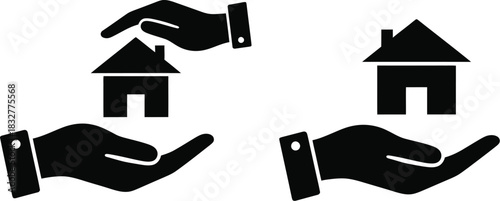 House in hand icon set real estate property and home ownership concepts