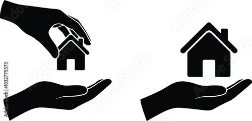 Hand holding house silhouette real estate property and home ownership concept