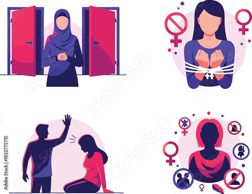 Illustrations depicting violence against women and the fight for gender equality