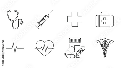 Medical and healthcare line icons stethoscope, syringe, first aid kit, heartbeat, caduceus
