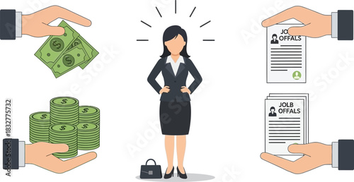Stressed businesswoman surrounded by money and bills financial pressure concept