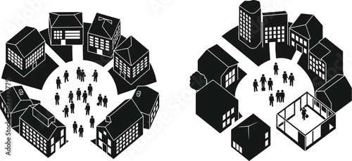 Urban planning concepts two circular city layouts with people and buildings