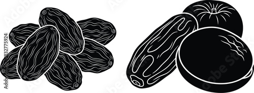 Hand drawn raisins and dates illustration in black and white style