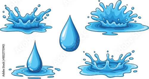 Water drops and splashes collection in realistic style on white background