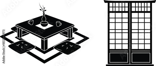 Japanese tea room interior with low table and shoji door illustration