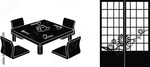 Isometric japanese dining room with table chairs and shoji screen