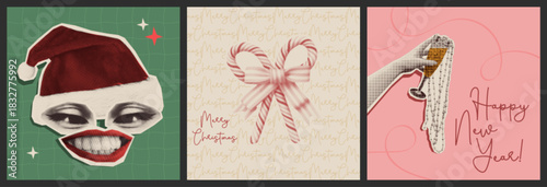 Halftone Christmas cards set with vintage paper collage stickers. Vector realistic illustration of retro holiday posters with female face in Santa hat, candy cane bow, hand holding champagne glass