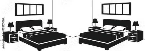 Two identical bedrooms with beds nightstands lamps and windows in black and white