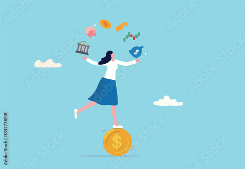 Investment expert, financial professional or wealth management, savings or trader for earning profit, stock market analyst, financial advisor planning concept, businesswoman juggling finance elements.