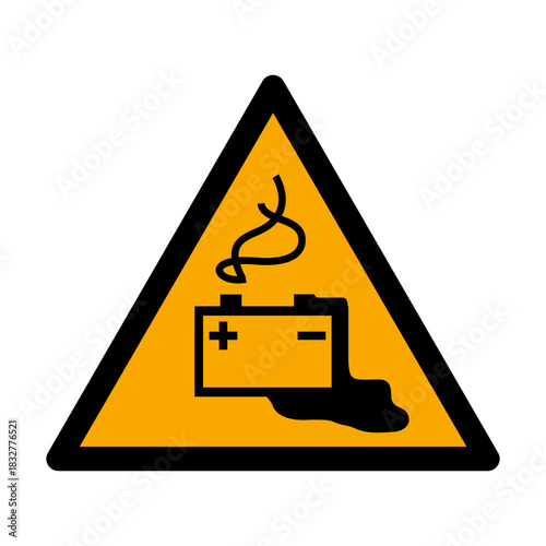 ISO 7010 W026 Battery Charging Hazard Sign. Battery Charging Safety Pictogram. Workplace Battery Safety Warning. 