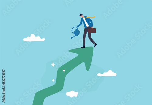 Grow business increase profit, growth investment or prosperity, wealth growing or accumulate, asset price rising up concept, happy businessman pouring water with care to grow company growth arrow.