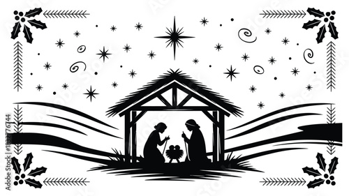  "classic nativity scene silhouette featuring mary, joseph and baby jesus under a starry sky in a stable with decorative borders, religious christmas illustration for holiday designs"
