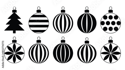  Collection of black and white Christmas ornament icons featuring decorative baubles, striped patterns, dotted designs, floral shapes, and a stylized Christmas tree, ideal for festive cards and holida