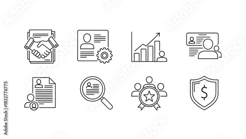 Handdrawn business, hr, and finance icons set handshake, profile, growth, team, resume, search, award and security shield