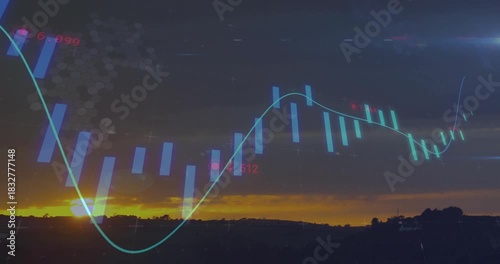 Sun dipping on horizon starting chart animating, curve trough rising then settling showing trend