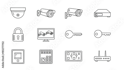 Security and surveillance system icons set including cctv cameras, padlock, keys and control panels