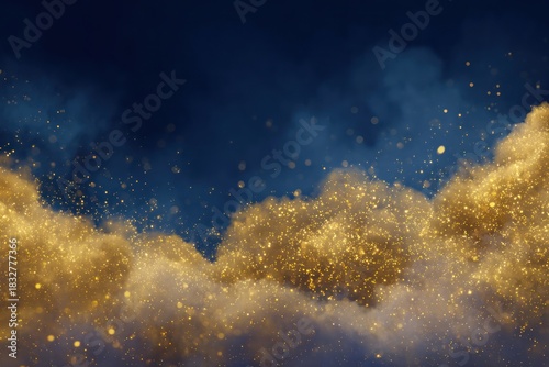 Golden sparkling clouds against a dark blue sky with glitter particles